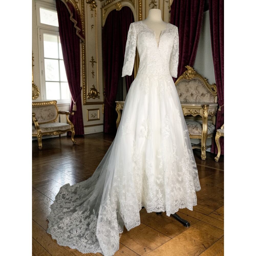 Ada's Bridal Wedding Gown Chiffon Lace Embellished 3/4 Sleeve Romantic
